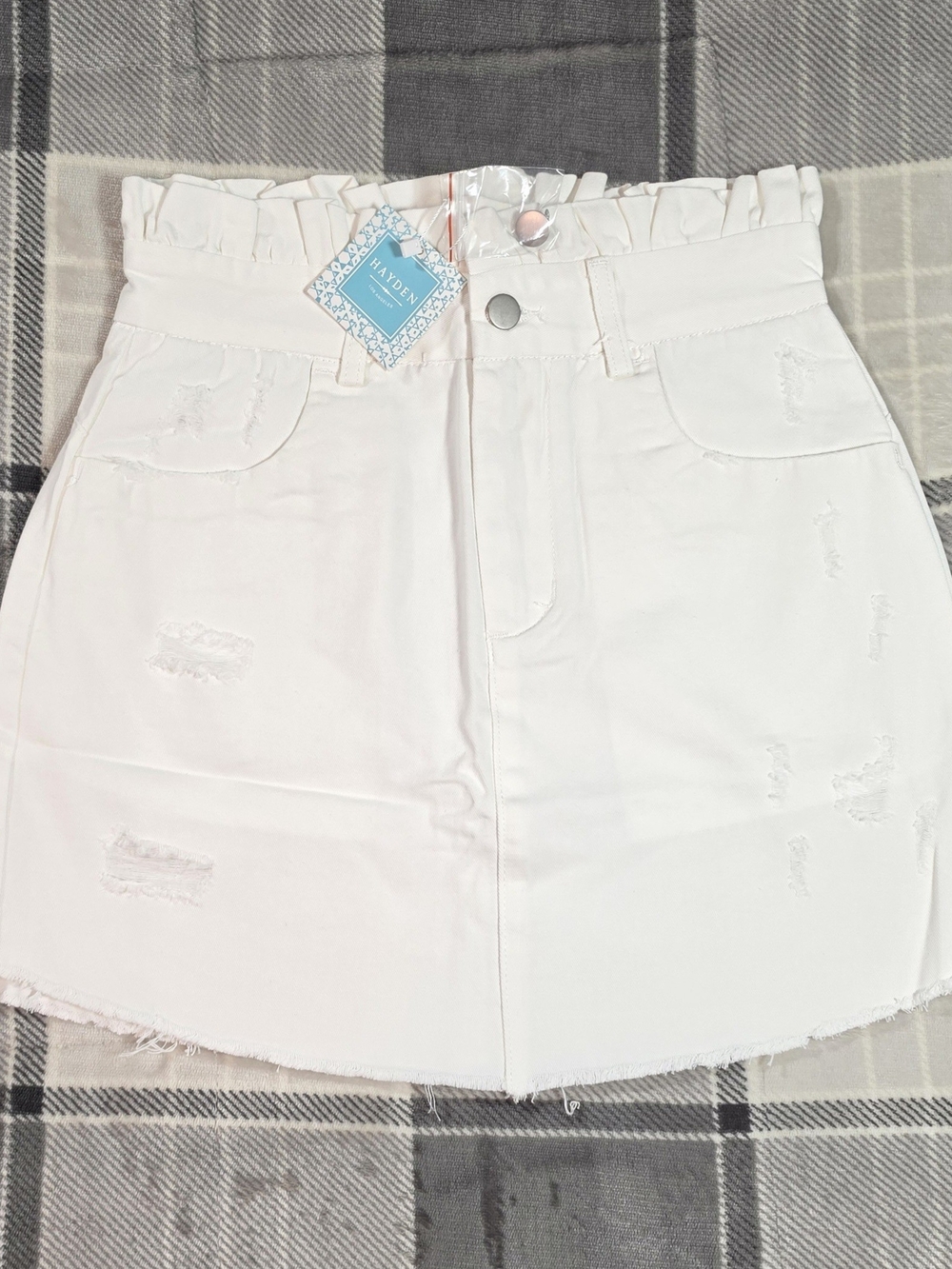 Haven White Ruffle-Waist Distressed Denim Mini Skirt(100PC-100)